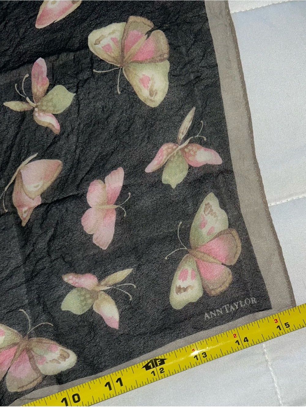 Ann Taylor Black Silk Scarf with Pink & Green Butterflies - Picture 3 of 4